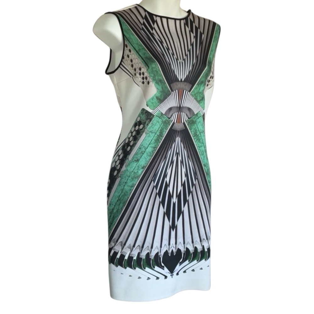 Clover Canyon dress Women M, Black white Geometric, Green Accents, Neoprene euc